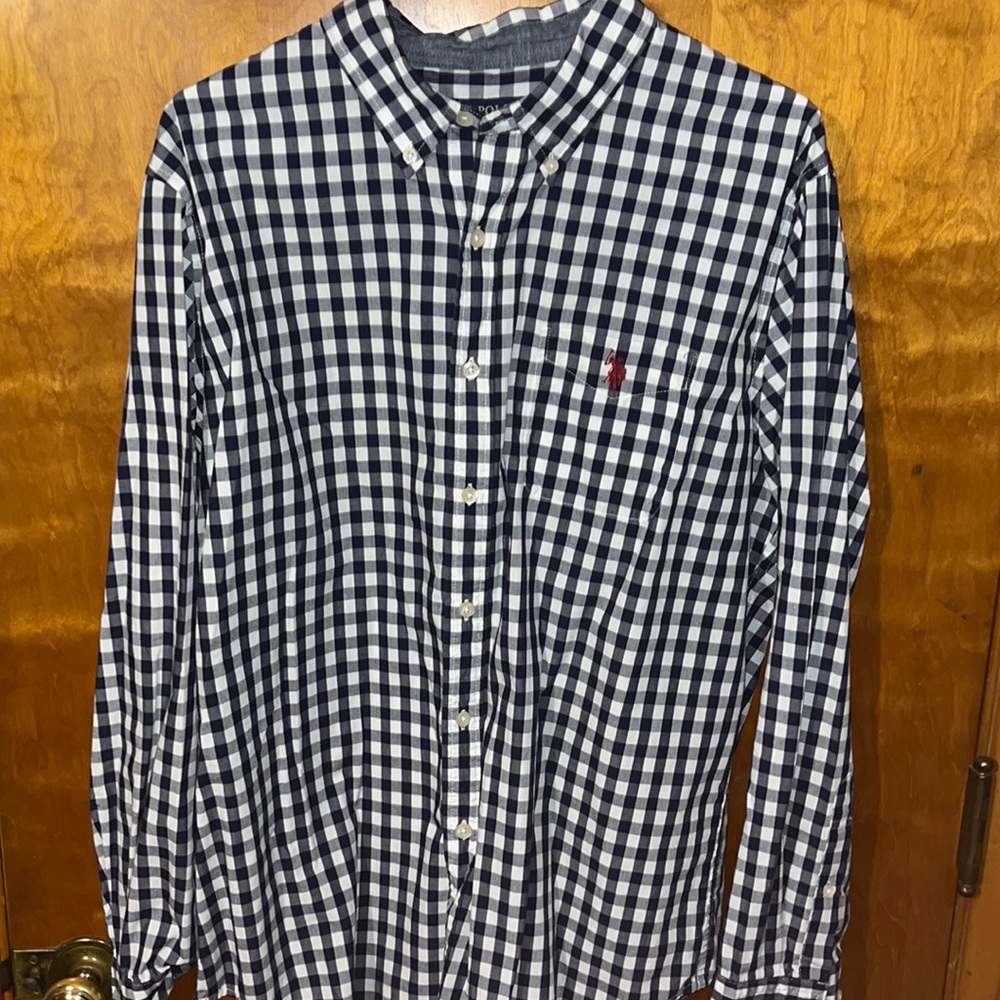 Blue and white checkered button up